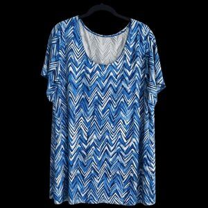 Blue Chevron Print Short Sleeve Blouse Women's XL Lightweight Stretch Top